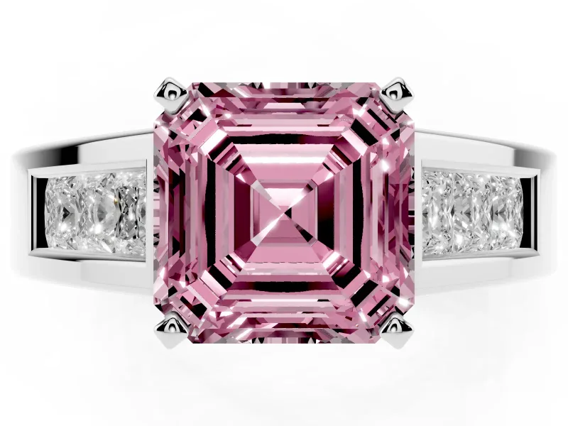 Fancy Pink Asscher Cut Diamond Solitaire Ring Set in Platinum with Channel-Set Accent Stones and Prong Setting