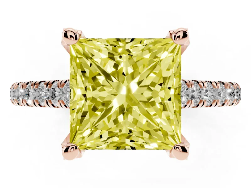 Princess Cut Hidden Halo Pave Engagement Ring Setting for a Fancy Yellow Lab-Grown Diamond | Claw Prongs | Rose Gold