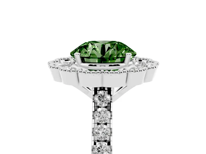 Fancy Green Round Cut Diamond Milgrain Floral Halo Engagement Ring Set in White gold with Pavé Band