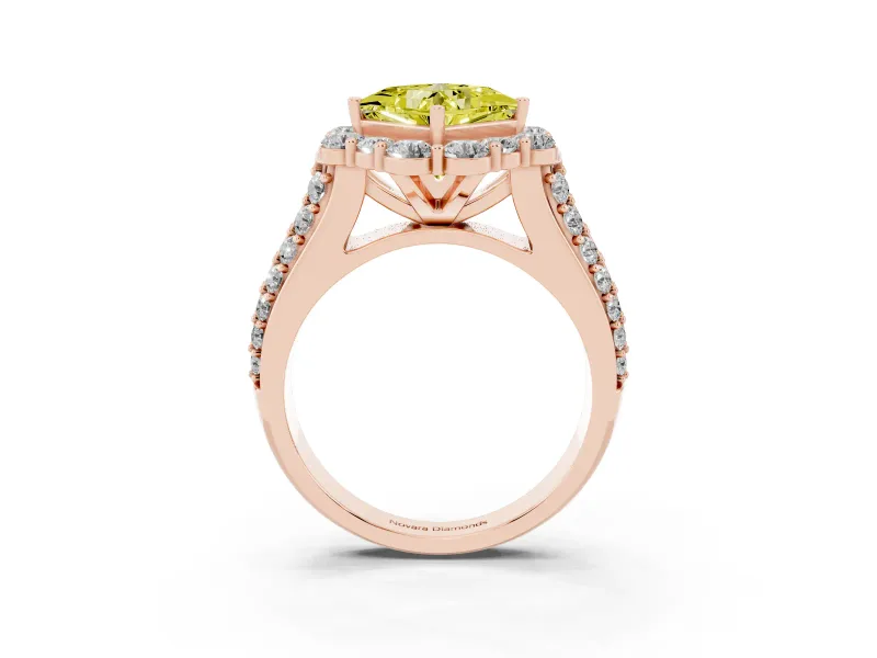 Fancy Yellow Princess Cut Diamond Halo Engagement Ring Set in Rose gold with Split Shank and Prong Setting