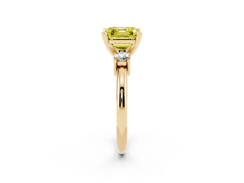 Fancy Yellow Three-Stone Asscher Cut Diamond Ring Set in Yellow gold with Prong Setting and Plain Band