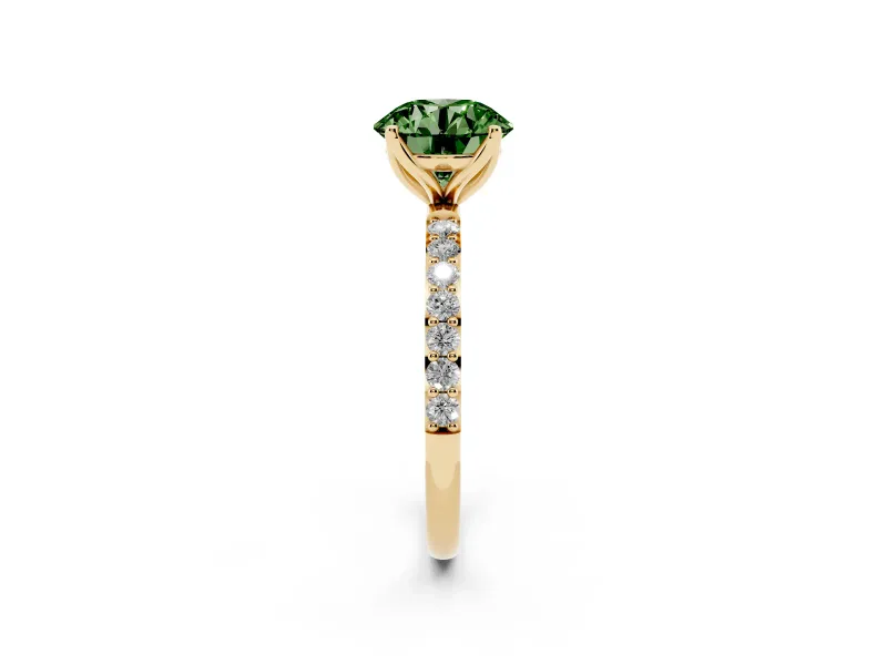 Round Pave Engagement Ring Setting for a Fancy Green Lab-Grown Diamond | Slim Band | Yellow Gold
