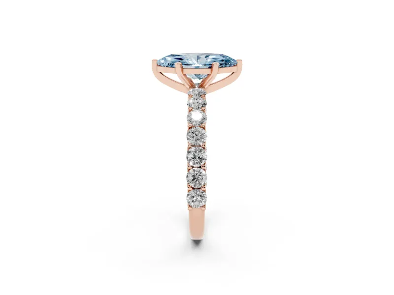 Fancy Blue Marquise Cut Diamond Solitaire Ring Set in Rose gold with Shared Prong Pavé Band