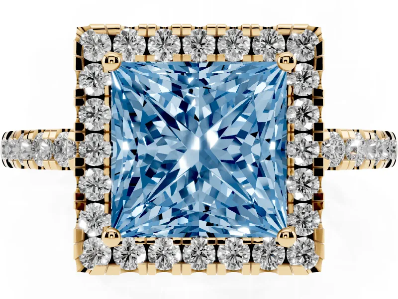 Princess Cut Halo Engagement Ring Setting for a Fancy Blue Lab-Grown Diamond | Shared Prong Pavé Band | Yellow Gold