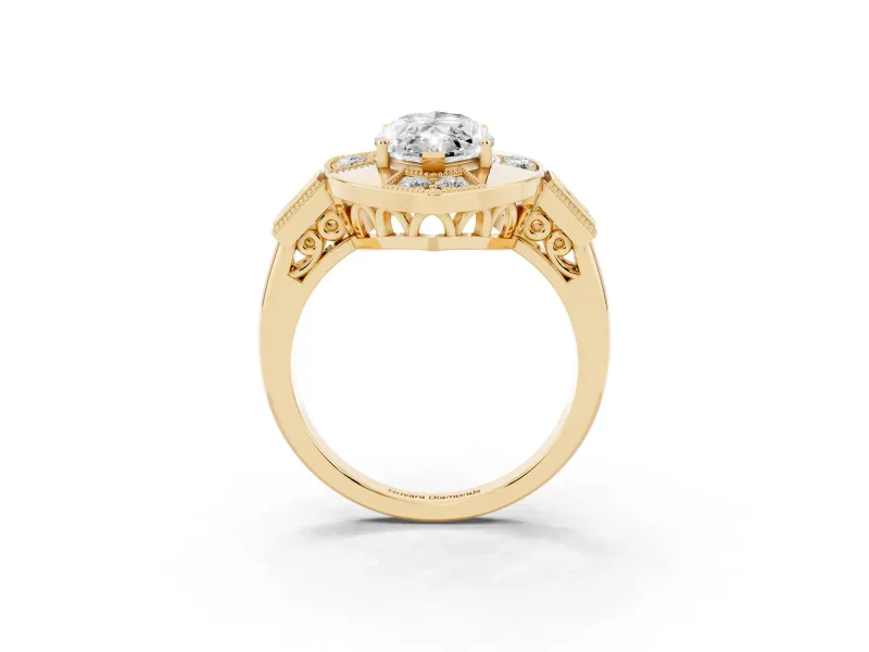 Marquise Cut Diamond Milgrain Halo Ring Set in Yellow gold with Split Shank
