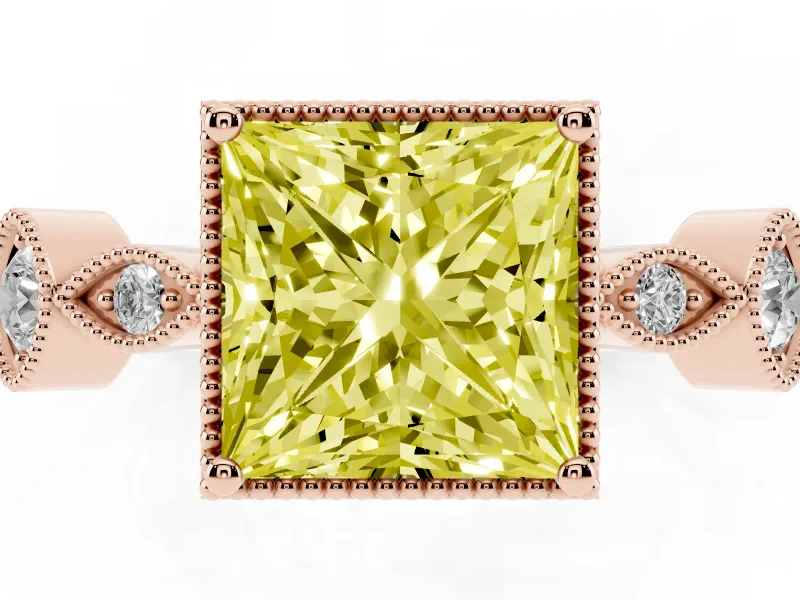 Princess Cut Vintage Milgrain Engagement Ring Setting for a Fancy Yellow Lab-Grown Diamond | Rose Gold