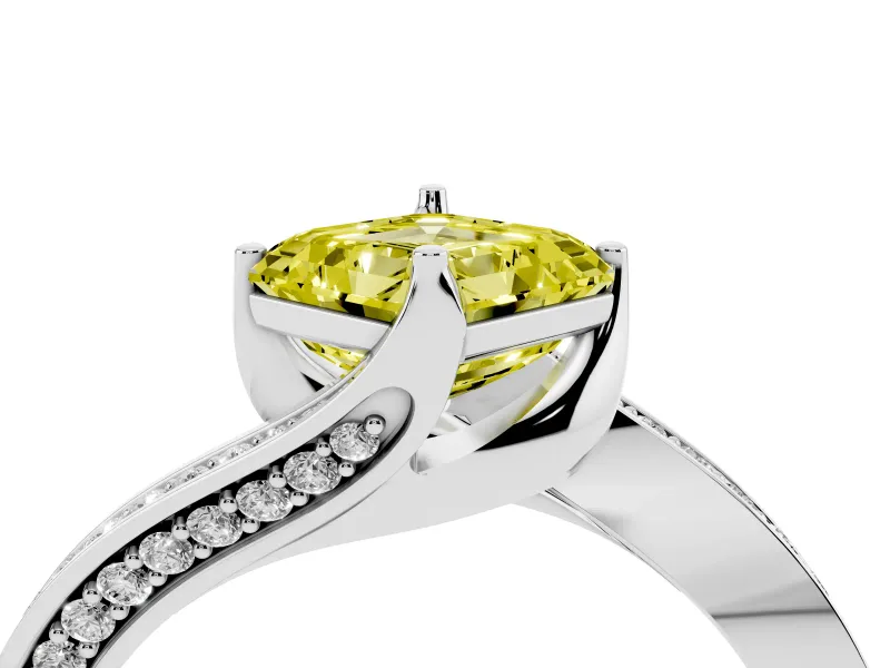 Fancy Yellow Asscher Cut Diamond Solitaire Ring Set in White gold with Intertwined Pavé Twist Band