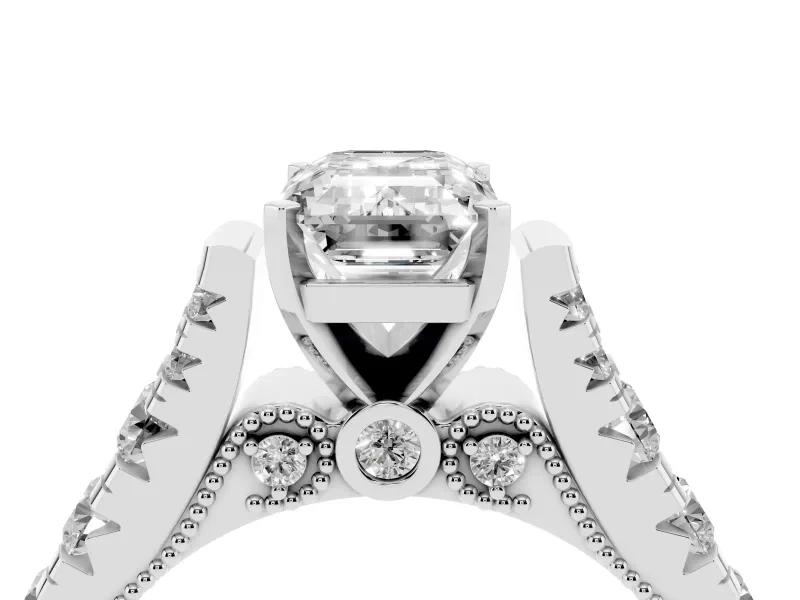 Emerald Cut Diamond Classic Solitaire Ring Set in Platinum with Pavé Band and Prong Setting
