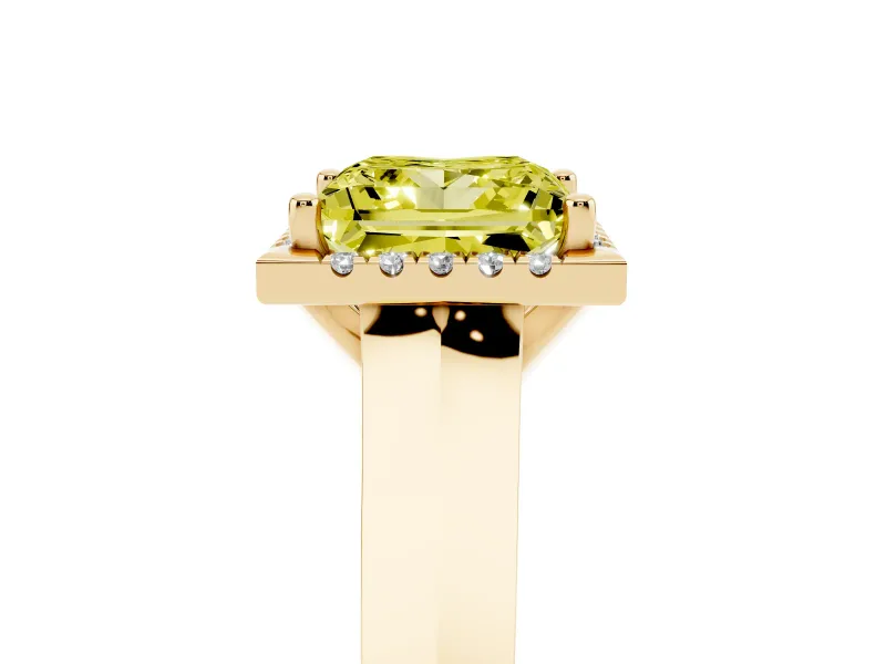 Fancy Yellow Princess Cut Diamond Halo Ring Set in Yellow gold with Cathedral Band and Prong Setting