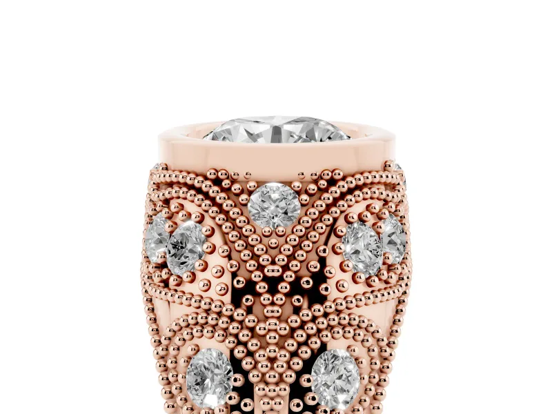 Round Cut Diamond Bezel Ring Set in Rose gold with Milgrain Accent Band