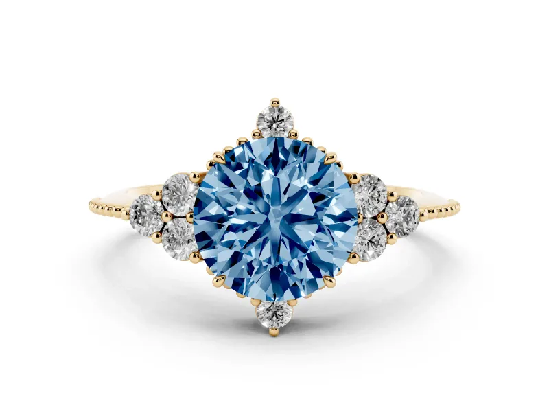 Fancy Blue Round Cut Diamond Cluster Ring Set in Yellow gold with Beaded Band
