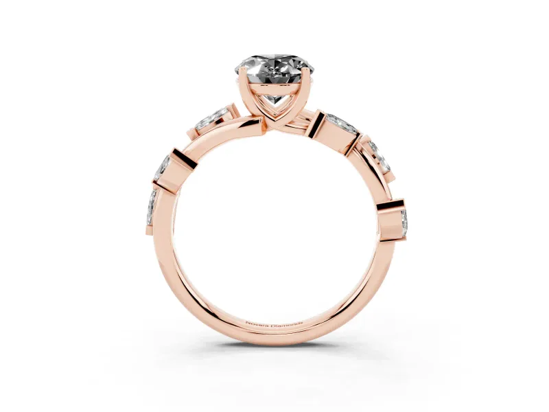 Fancy Black Oval Cut Diamond Solitaire Ring Set in Rose gold with Twisted Marquise Accent Band