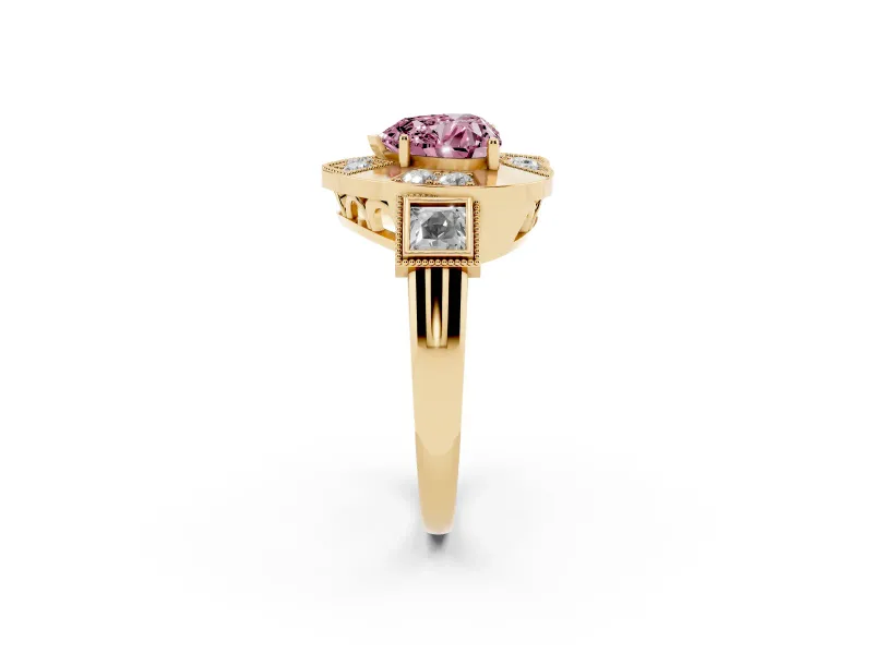 Fancy Pink Heart Cut Diamond Milgrain Halo Ring Set in Yellow gold with Split Shank