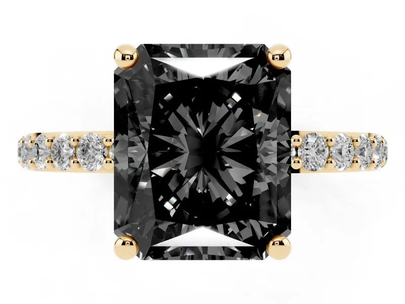 Fancy Black Radiant Cut Diamond Solitaire Ring Set in Yellow gold with Round Pavé Band and Prong Setting