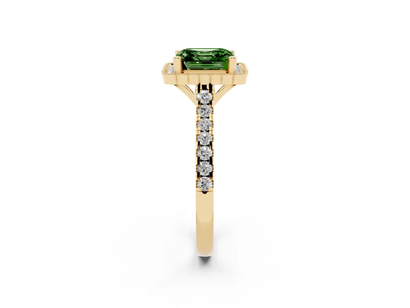 Fancy Green Asscher Cut Diamond Milgrain Floral Halo Engagement Ring Set in Yellow gold with Pavé Band