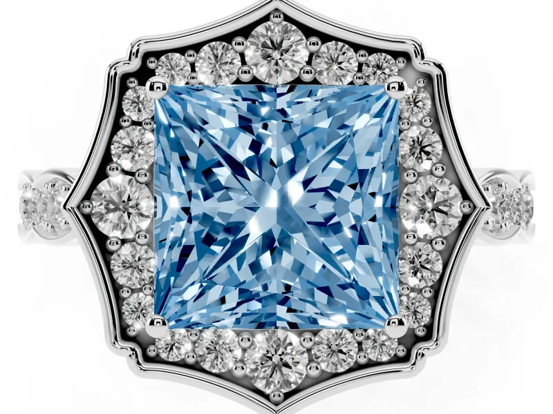 Princess Cut Vintage Scalloped Halo Engagement Ring Setting for a Fancy Blue Lab-Grown Diamond | Pave Band | White Gold
