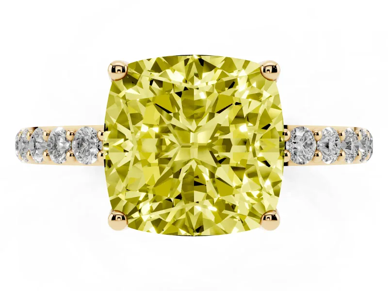 Cushion Cut Pave Solitaire Engagement Ring Setting for a Fancy Yellow Lab-Grown Diamond | Slim Band | Yellow Gold