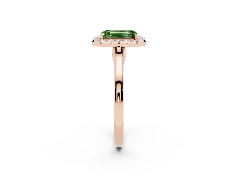 Fancy Green Emerald Cut Halo Round Diamond Solitaire Ring Set in Rose gold with Pavé Band and Prong Setting