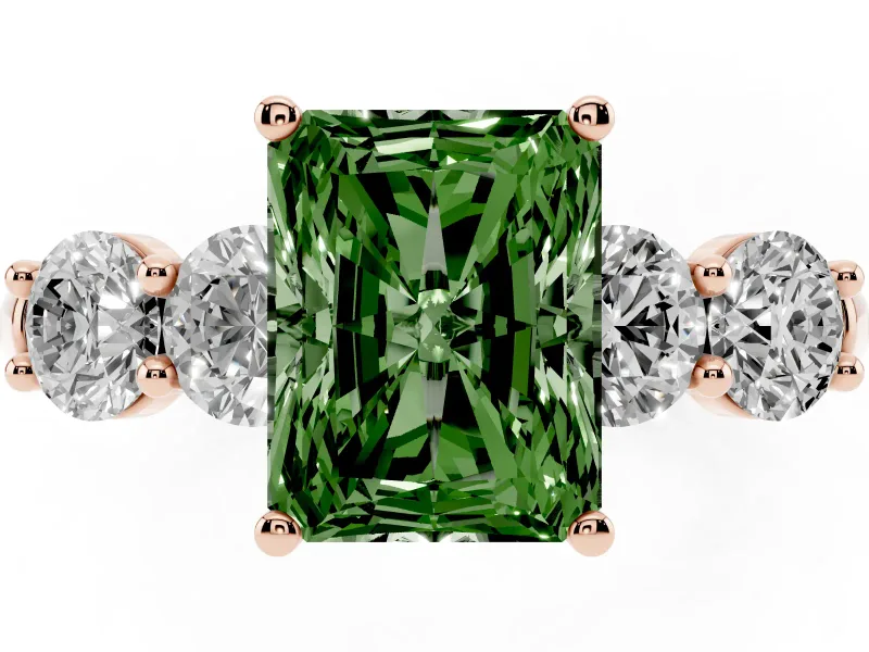 Radiant Cut Five Stone Engagement Ring Setting for a Fancy Green Lab-Grown Diamond | Prong Set Side Stones | Rose Gold