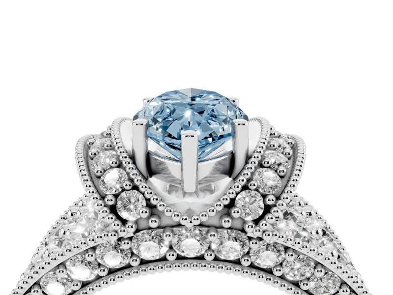 Fancy Blue Marquise Cut Diamond Milgrain Halo Pavé Engagement Ring Set in Platinum with Prong Setting
