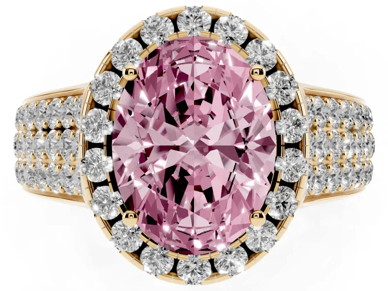 Fancy Pink Oval Cut Diamond Halo Ring Set in Yellow gold with Pavé Band and Raised Center Setting