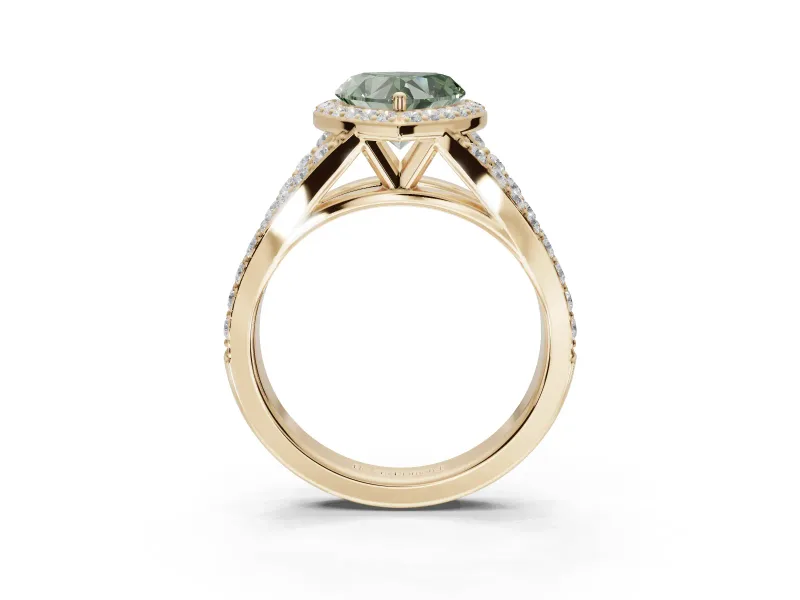 Heart-Shaped Halo Pavé Engagement Ring Setting for a Fancy Green Lab-Grown Diamond | Narrow Split Shank | Yellow Gold