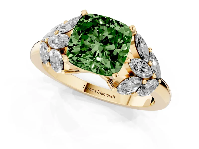 Cushion Cut Leaf Cluster Engagement Ring Setting for a Fancy Green Lab-Grown Diamond | Yellow Gold