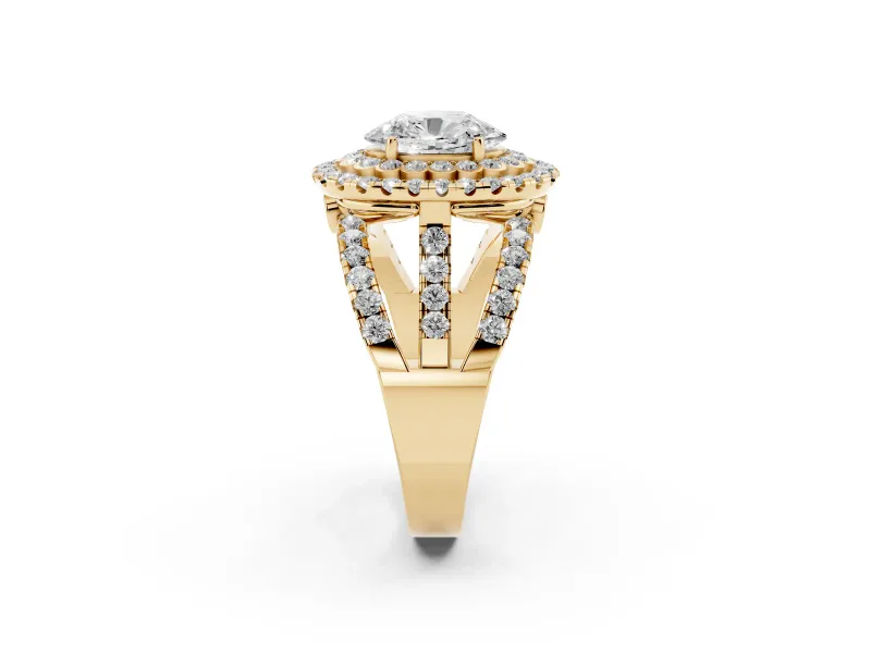 Oval Double Halo Split Shank Engagement Ring Setting | Pave Strands | Yellow Gold