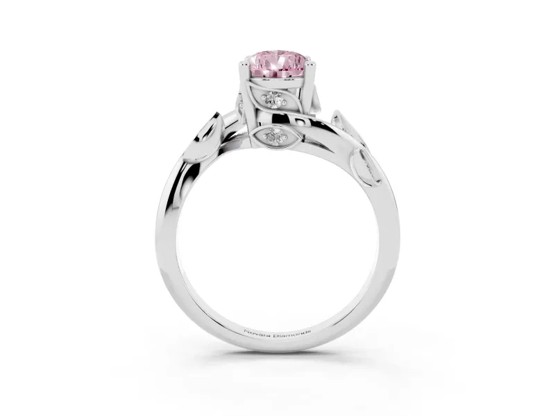 Fancy Pink Pear Cut Diamond Solitaire Twist Engagement Ring Set in Platinum with Pavé Leaf Accents