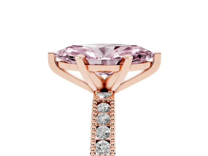 Fancy Pink Marquise Cut Diamond Solitaire Ring Set in Rose gold with Slim Pavé Band and Prong Setting