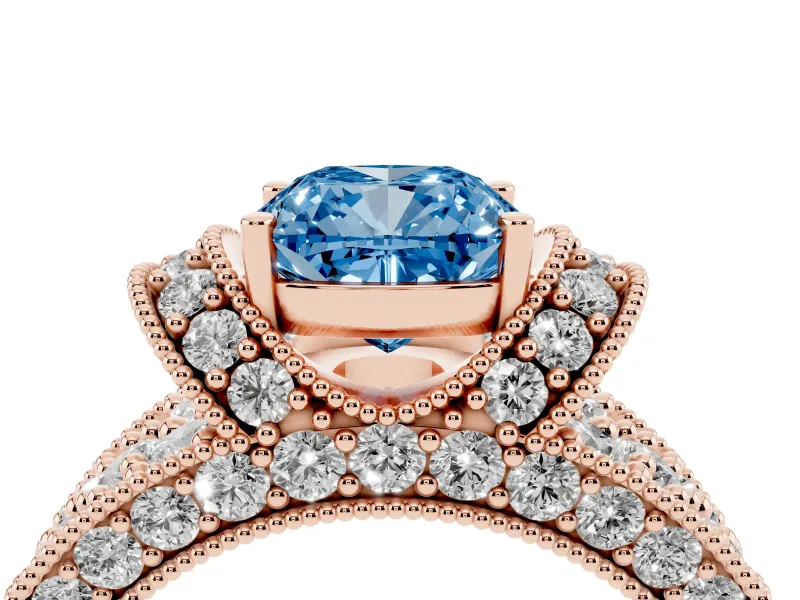 Cushion Cut Vintage Pave Engagement Ring Setting for a Fancy Blue Lab-Grown Diamond | Milgrain Edges | Rose Gold