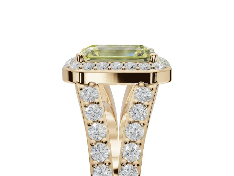 Emerald Cut Halo Pavé Engagement Ring Setting for a Fancy Yellow Lab-Grown Diamond | Narrow Split Shank | Yellow Gold