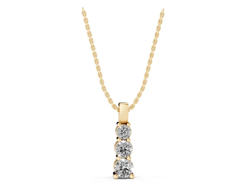 Round Lab-Grown Diamond Three-Stone Vertical Pendant Necklace | Shared Prongs | Yellow Gold