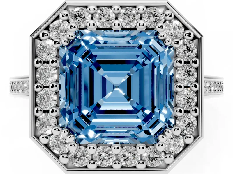 Asscher Cut Halo Engagement Ring Setting for a Fancy Blue Lab-Grown Diamond | Polished Halo Rim | Platinum