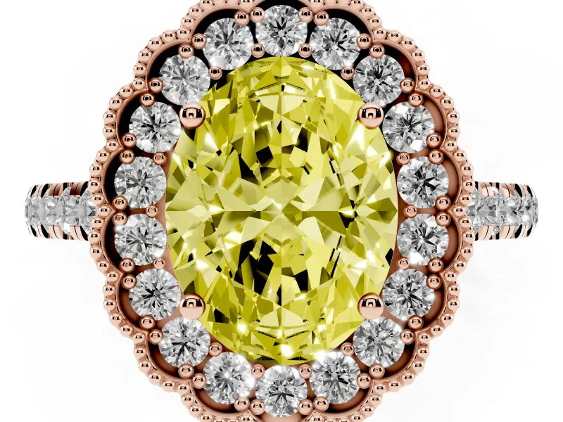 Oval Vintage Milgrain Floral Halo Engagement Ring Setting for a Fancy Yellow Lab-Grown Diamond | Pavé Band | Rose Gold