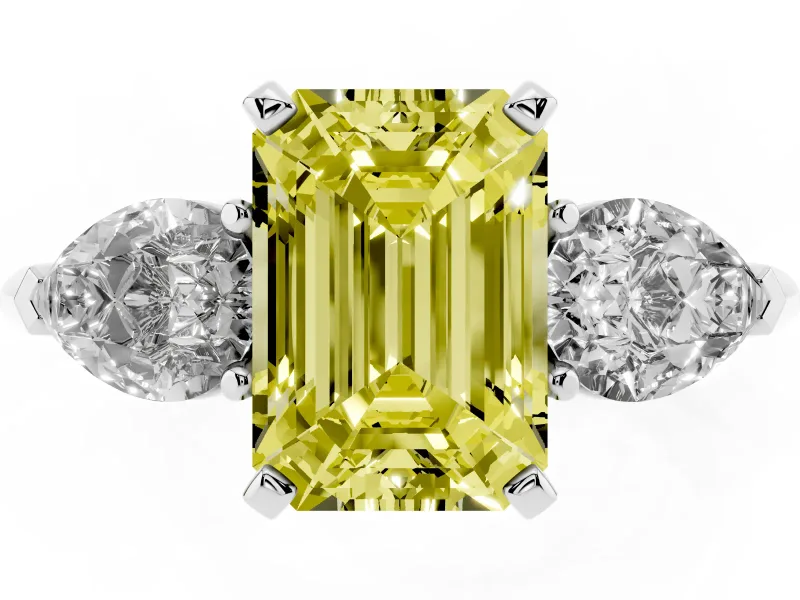 Fancy Yellow Three-Stone Emerald Cut Diamond Ring Set in Platinum with Pear Side Stones and Prong Setting
