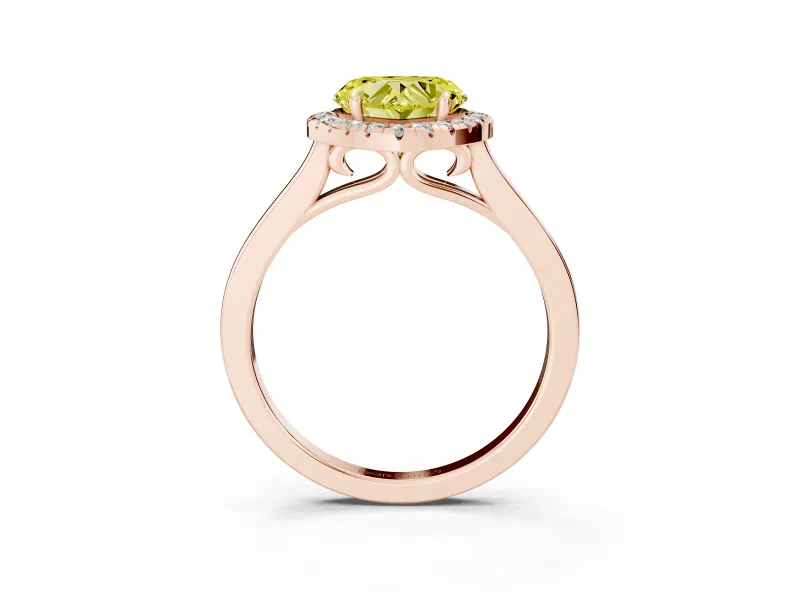 Fancy Yellow Heart Cut Halo Round Diamond Solitaire Ring Set in Rose gold with Pavé Band and Prong Setting