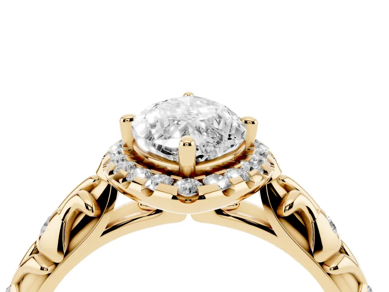Marquise Filigree Leaf Halo Engagement Ring Setting | Bezel Leaf Accents | Yellow Gold
