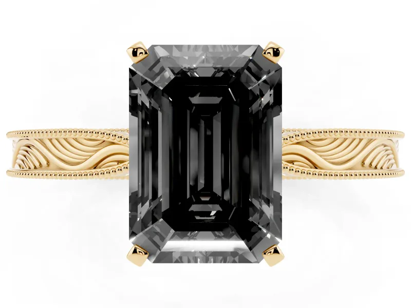 Emerald Cut Engraved Solitaire Engagement Ring Setting for a Black Center | Yellow Gold