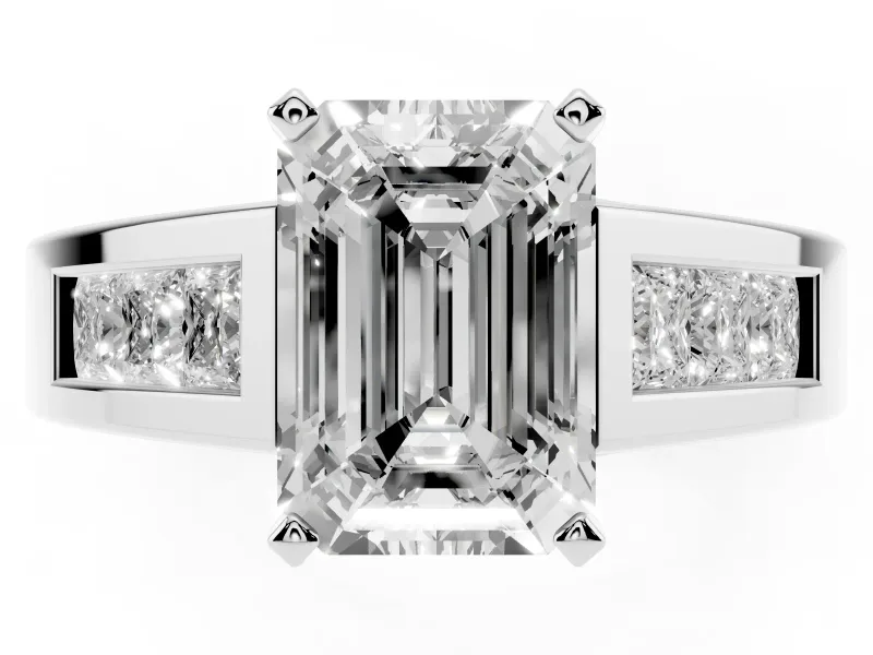 Emerald Cut Channel-Set Engagement Ring Setting | Princess Side Stones | White Gold