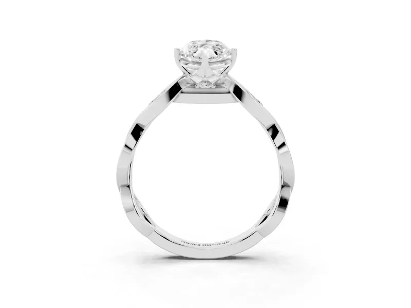 Marquise Cut Diamond Twist Band Solitaire Ring Set in White gold with Leaf Prong Setting and Accent Stones