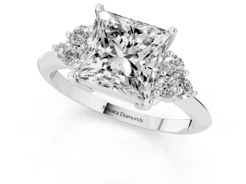 Princess Cut Cluster Accent Engagement Ring Setting | Plain Band | Sterling Silver