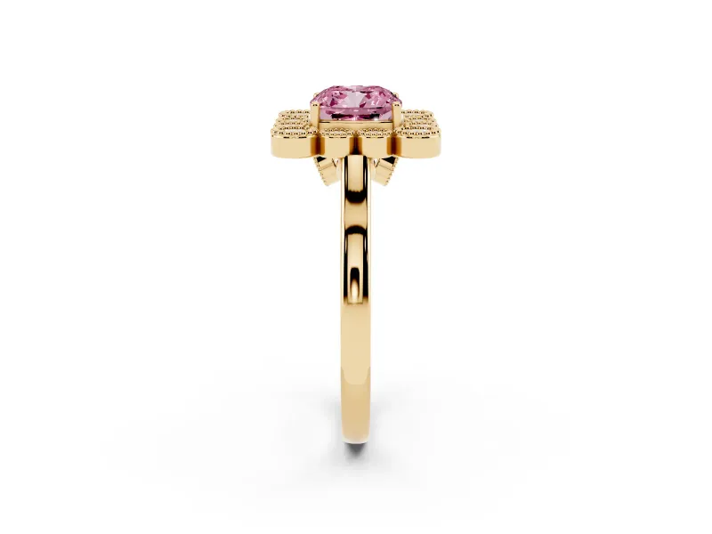 Cushion Cut Milgrain Cluster Halo Engagement Ring Setting for a Fancy Pink Lab-Grown Diamond | Plain Band | Yellow Gold
