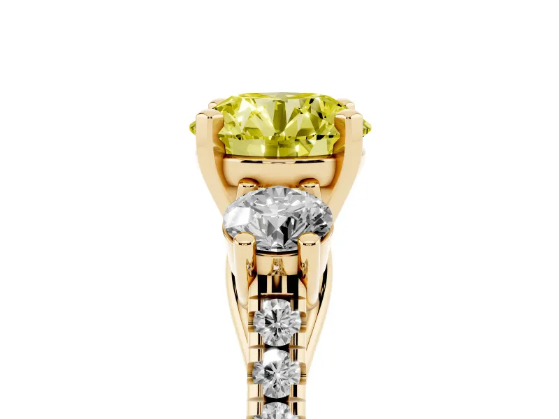 Fancy Yellow Three-Stone Round Cut Diamond Pavé Band Ring Set in Yellow gold with Prong-Set Trio