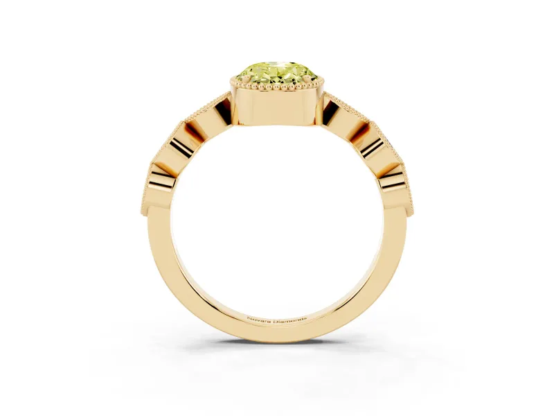Fancy Yellow Oval Cut Diamond Vintage-Inspired Milgrain Ring Set in Yellow gold with Marquise Stations of Round Accents