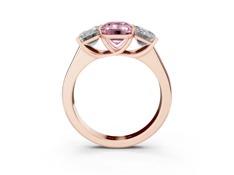 Emerald Cut Three Stone Engagement Ring Setting for a Fancy Pink Lab-Grown Diamond | Basket Prong Heads | Rose Gold