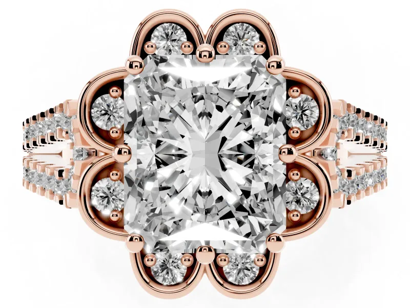 Radiant Cut Petal Frame Floral Halo Engagement Ring Setting | Pavé Split Shank | Rose Gold