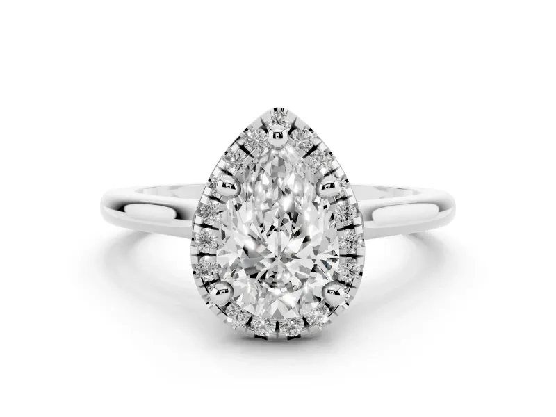 Pear Cut Diamond Halo Engagement Ring Set in Silver with Pavé Band and Rising Shoulders