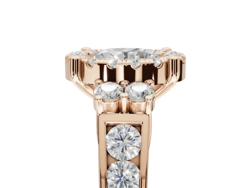 Round Halo Side Cluster Engagement Ring Setting | Graduated Channel Band | Rose Gold