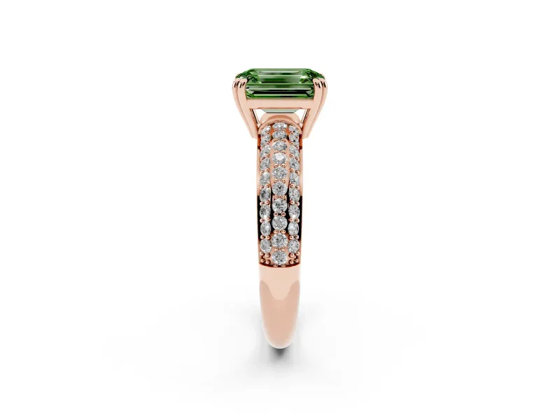 Emerald Cut Three Row Pave Engagement Ring Setting for a Fancy Green Lab-Grown Diamond | Rose Gold
